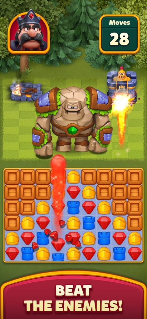 Royal Kingdom - Esta captura destaca la acción contra un golem de piedra gigante en un entorno boscoso, donde los usuarios despliegan un ataque rojo brillante en el tablero de match-3 para reducir su energía.