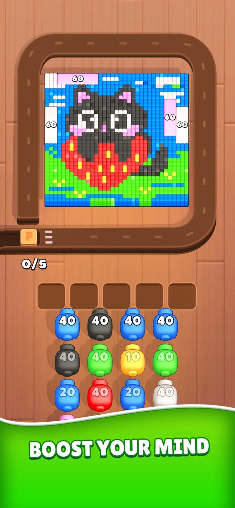 Color Blaze Shooter - Discover the visually rewarding process of clearing blocks to reveal delightful pixel art creations, such as this cat on a heart, by strategically deploying a full queue of colorful spheres.