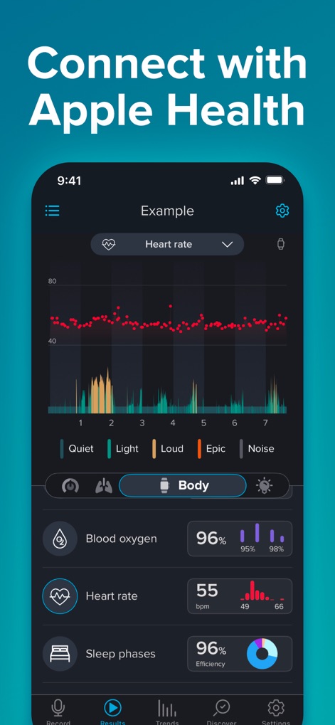SnoreLab : Record Your Snoring - Users can connect with Apple Health, viewing integrated metrics like heart rate trends and detailed sleep phase data for a holistic health overview.