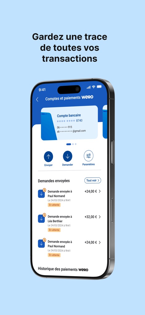 Crédit Mutuel Pay virements - Discover the detailed transaction history, presenting both the bank account overview and a chronological list of sent requests.