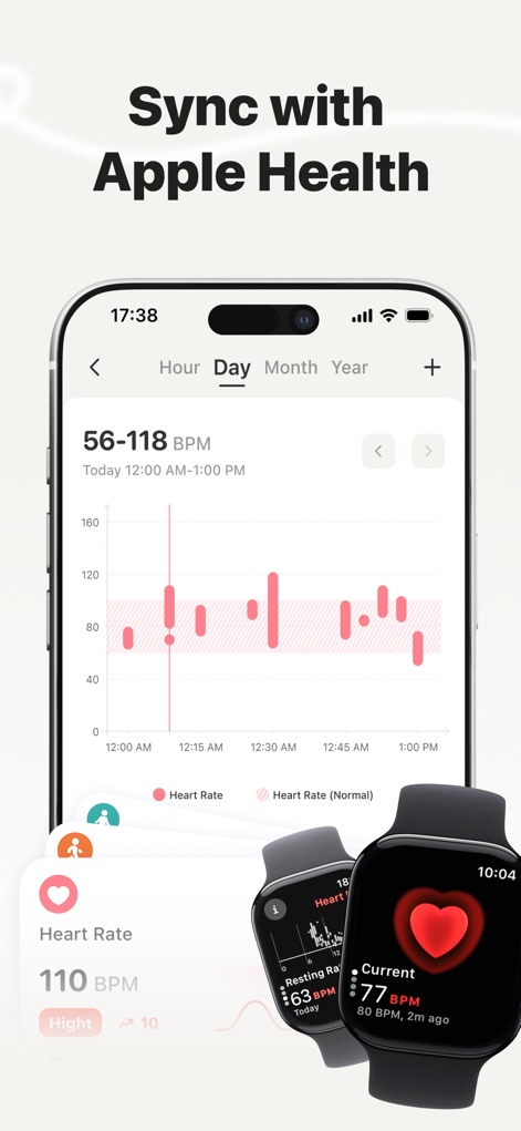 Health Scan: Heart & Sugar - Users can seamlessly integrate heart rate data from Apple Health, viewing detailed hourly trends and current heart rate metrics directly from connected devices.