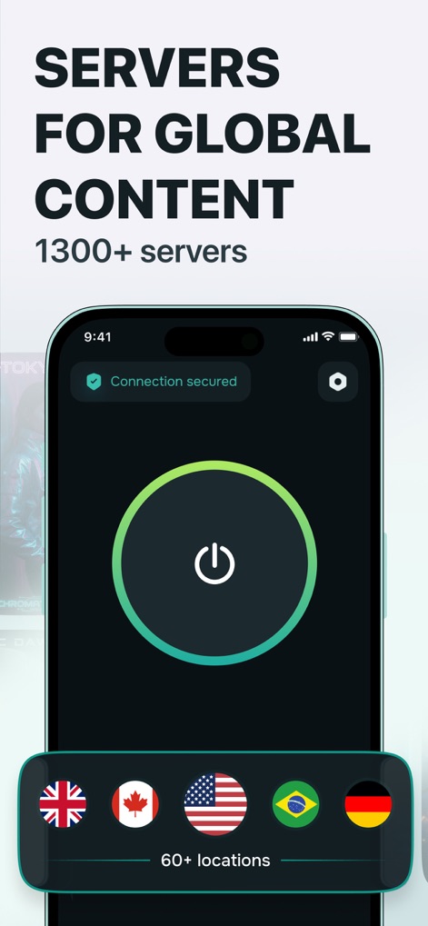 Guru VPN: Super Fast Unlimited - The app demonstrates its robust network with a simple one-tap connection button, instantly securing the user's connection across "60+ locations" and "1300+ servers" worldwide.