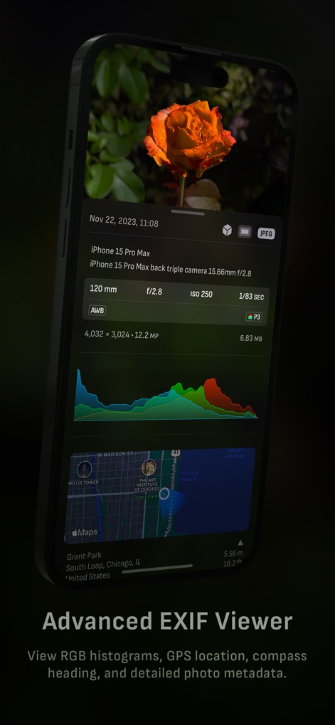 Camera M - Pro Manual Camera - This tool provides an advanced EXIF viewer, displaying detailed metadata like RGB histograms and GPS location for every captured image.