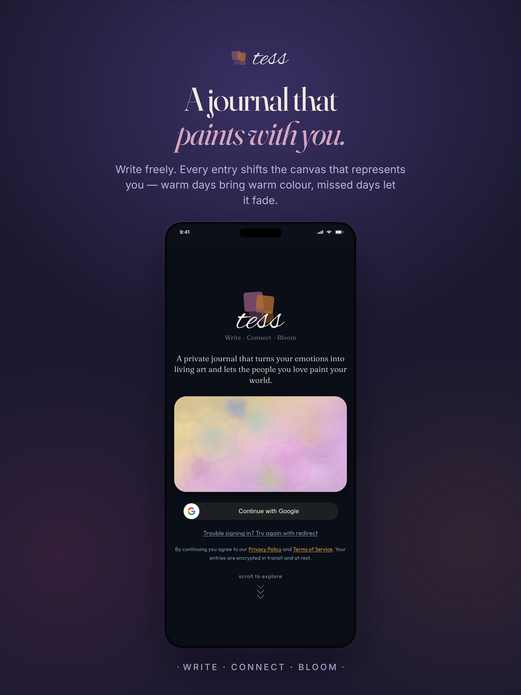 tess – Write · Connect · Bloom
