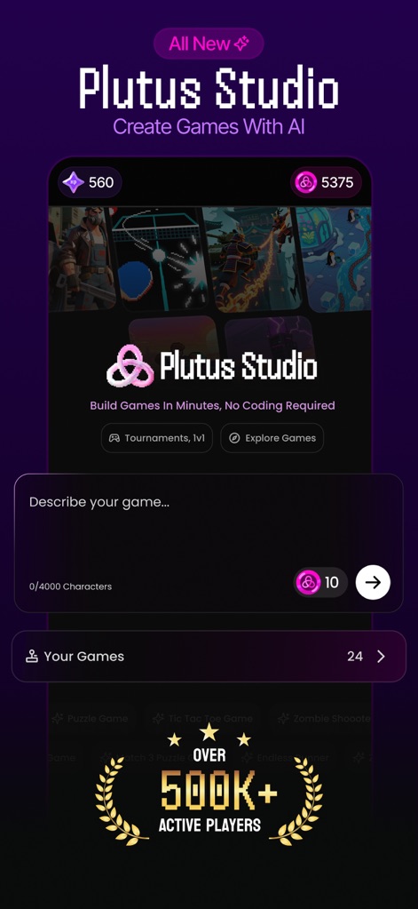 Plutus: Create, Play, Win - Esta tela inicial destaca o Plutus Studio, permitindo aos usuários inserir prompts de texto para a criação de jogos e visualizar a seção "Your Games" para gerenciar suas criações.