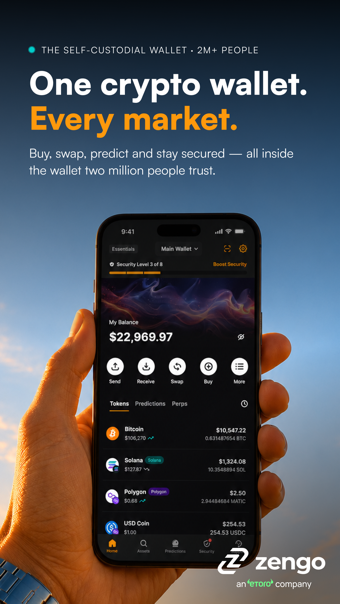 Zengo wallet home screen showing a 22,969 dollar balance across bitcoin, solana, polygon, and USD coin, with send, receive,
