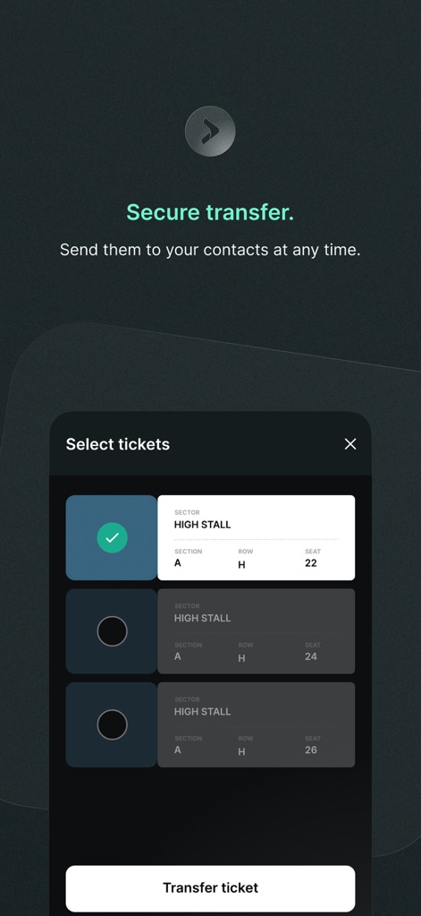 Quentro - Discover the intuitive 'Select tickets' interface, enabling users to easily choose and securely transfer individual tickets to their contacts.
