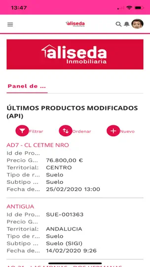 Captura de pantalla de Aliseda Inmobiliaria-API en iPhone 1