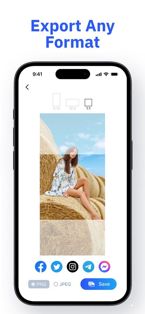 Photo Editor・Background Eraser - L'app consente di salvare le creazioni in diversi formati come PNG e JPEG e di scegliere tra vari rapporti d'aspetto, inclusi 9:16 e 1:1, per una condivisione immediata sui social media.