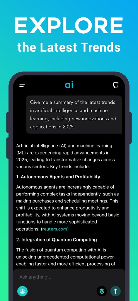 Chat AI - Personal Assistant - Users can stay informed with real-time web search integration, receiving concise summaries of global trends and innovations, as demonstrated by the AI and machine learning insights.