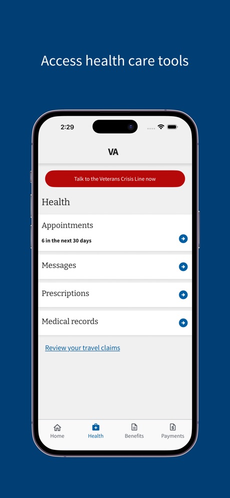 VA: Health and Benefits App Store screenshot 2, headline “Access health care tools”. Headline on one line.