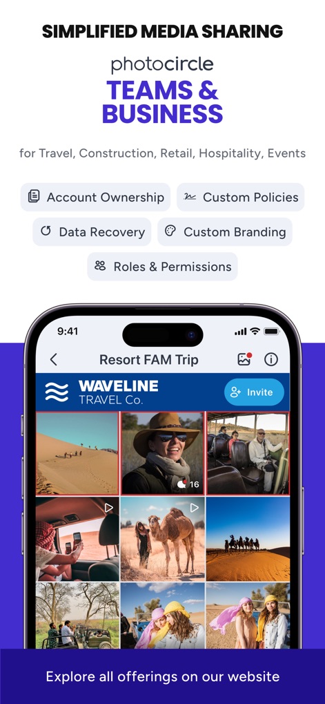 PhotoCircle - Per team e aziende, l'app semplifica la condivisione con "Account Ownership" e "Data Recovery", garantendo il controllo e la sicurezza dei contenuti.