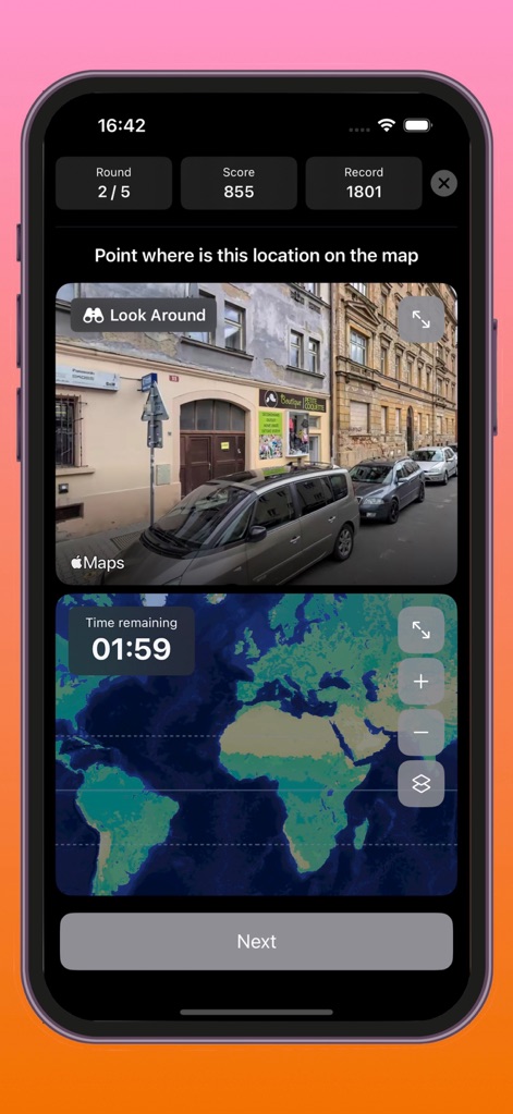 Place Guesser - Experience continuous gameplay, with current game 'Round' and 'Score' metrics clearly displayed above a new street view scenario and interactive map.