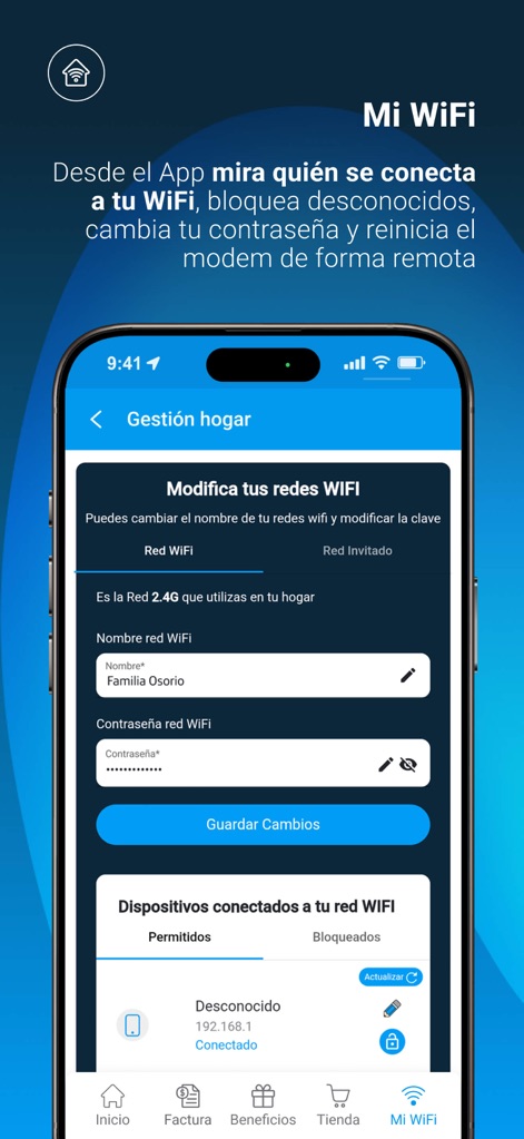 Mi Movistar Colombia - このWiFi管理画面では、ユーザーはWiFiネットワーク名とパスワードを容易に変更でき、接続されているデバイスのリスト（許可済みとブロック済み）を確認できます。