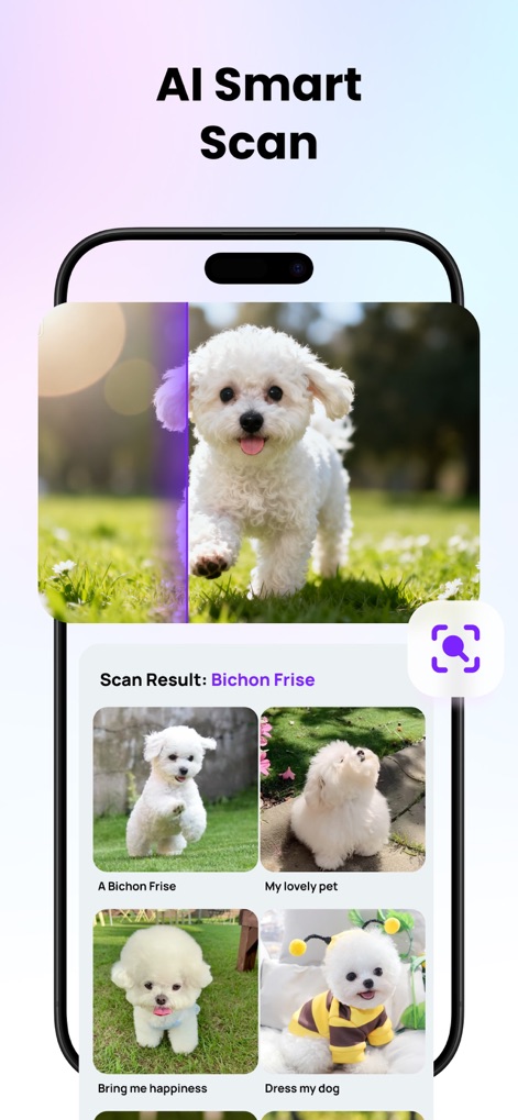 Ageroom - AI Photo Generator - Observe the app's intelligent visual recognition identifying an animal as a 'Bichon Frise' and presenting a gallery of related images for further exploration.