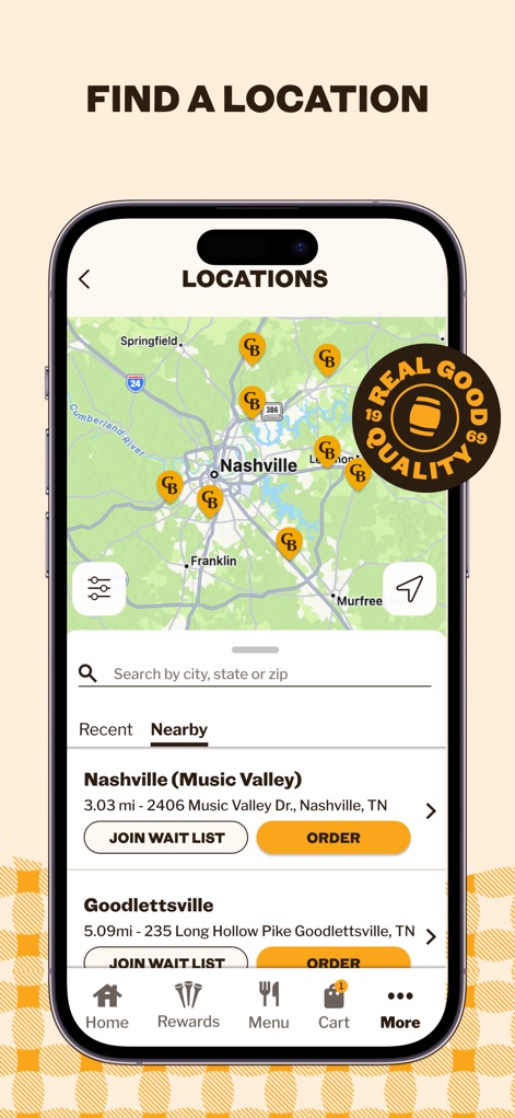 Cracker Barrel - The app features an interactive map to easily 'find locations', displaying nearby Cracker Barrel restaurants and their 'wait times' and ordering options.