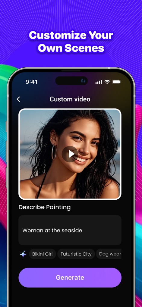 ArtFlow-AI Video Image Maker - 사용자는 '텍스트 프롬프트'를 입력하여 원하는 장면을 묘사하고, '맞춤형 비디오 미리보기'를 통해 즉시 결과를 확인할 수 있습니다.