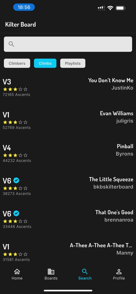 Kilter Board Climbing Wall App - Explore the app's robust search functionality, allowing users to filter by "Climbers", "Climbs", or "Playlists" and view detailed climb data including "Grades and Ascents".