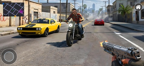 Open Drive 3D: Gangster Games - Experience the adrenaline of combat from a first-person perspective, engaging in thrilling pursuits against enemies on a powerful motorbike while a sleek yellow sports car sits nearby.