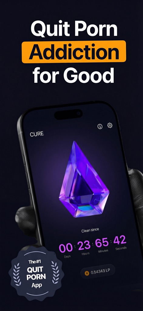 CURE: Quit Porn Addiction - Dieser Bildschirm präsentiert den klaren Fortschrittszähler mit Tagen, Stunden und Minuten sowie den visuellen Fortschritt durch das glänzende Kristall-Symbol.