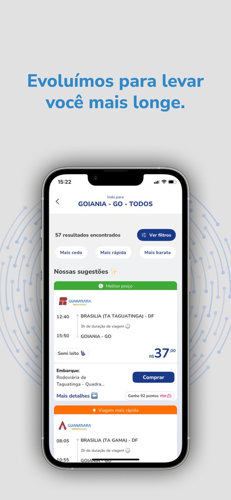 Guanabara: passagens de ônibus - This tool presents comprehensive search results, allowing users to filter by 'Mais rápido' or 'Mais barata' and view detailed trip information including pricing and class options.