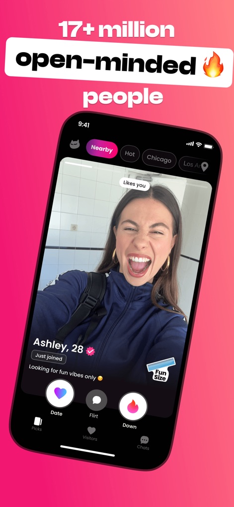 DOWN: The Casual Dating App - A captura exibe um perfil de usuário, "Ashley, 28", com a opção de definir intenções de "fun vibes only", enquanto o banner superior celebra a comunidade de "17+ million open-minded people".