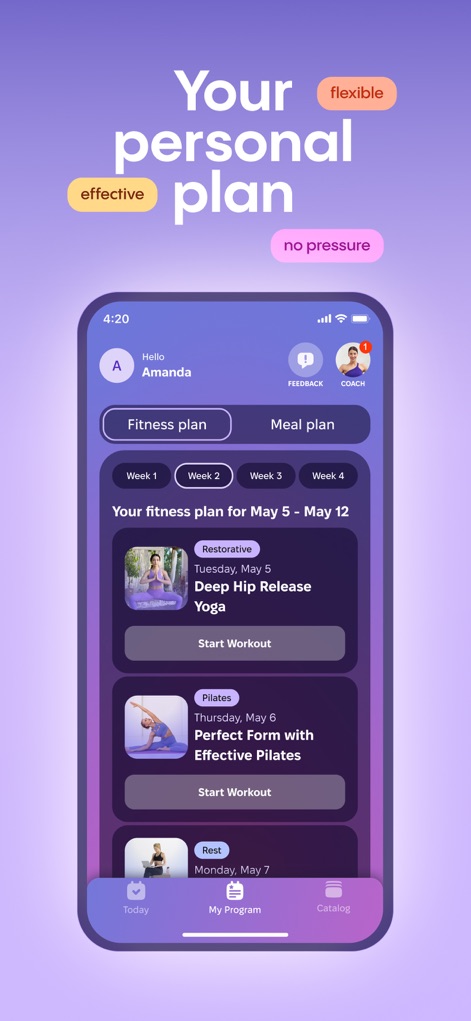 HARNA: Workout & Fitness - Visualisez votre plan d'entraînement hebdomadaire personnalisé, comprenant des séances variées comme le yoga et le Pilates, conçu pour s'adapter à votre rythme et vos objectifs.