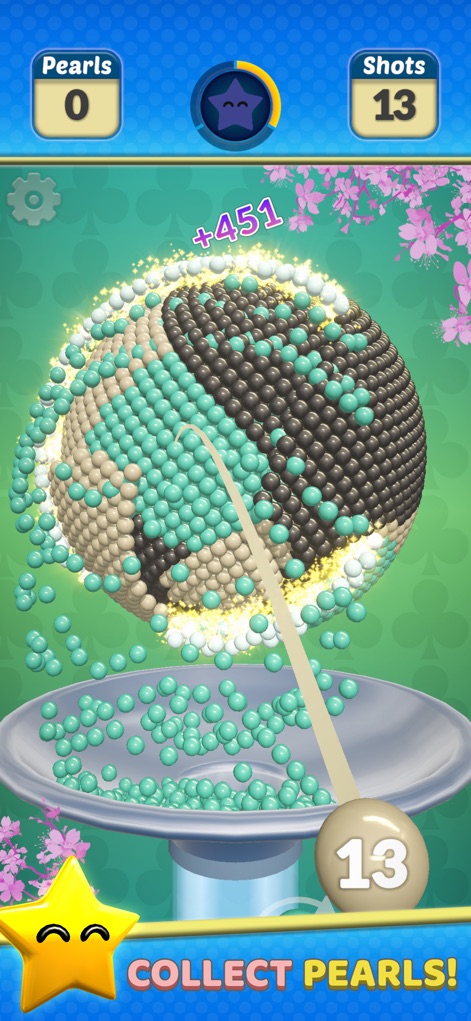 Pearl Gem! - Los usuarios pueden observar el distintivo patrón de la esfera inspirado en el Yin-Yang y la gratificante animación del contador de perlas recolectadas, enfatizando el objetivo principal.