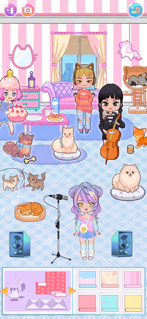 Chibi Maker: Dress Up Games - Die Darstellung zeigt eine wohnliche Chibi-Umgebung mit mehreren Charakteren, die von verschiedenen Haustieren und dekorativen Möbelstücken umgeben sind.