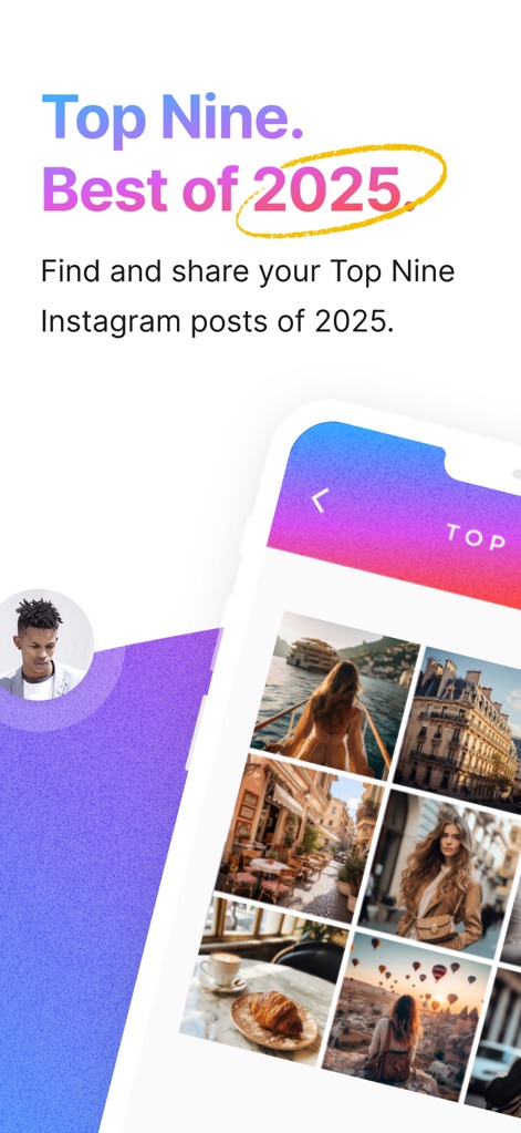 Top Nine for Instagram 2025 - This tool enables users to effortlessly compile their best Instagram moments, clearly showcasing the 'Top Nine Best of 2025' header and a sleek 3x3 photo grid display.