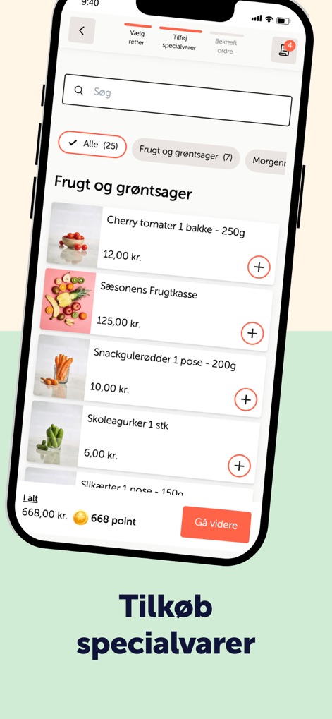 RETNEMT - The app enhances meal kits by allowing users to add special items, featuring categories like 'Frugt og grøntsager' and individual fresh produce items with clear pricing.