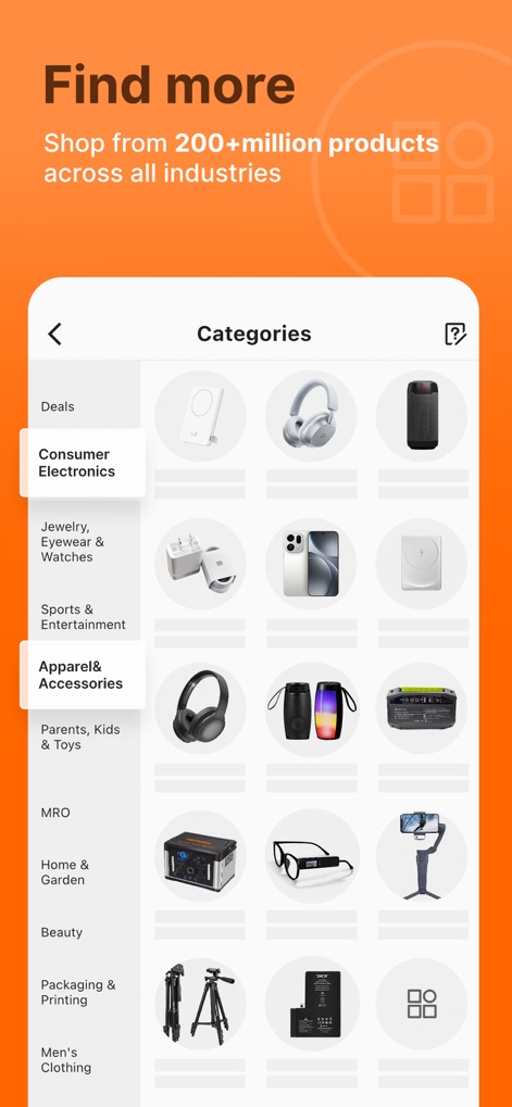 Alibaba.com - The app simplifies product discovery by presenting an organized "Categories" list, allowing users to browse millions of items across "Consumer Electronics" and "Apparel & Accessories".