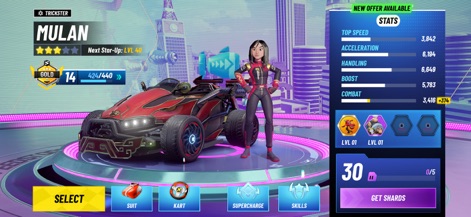 Disney Speedstorm - Explore Mulan's detailed racer profile, showcasing her character model and comprehensive stats including Top Speed and Acceleration.