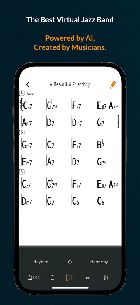 Genius Jamtracks - Découvrez l'affichage épuré des partitions d'accords et des contrôles intuitifs permettant d'ajuster le tempo et les paramètres rythmiques.