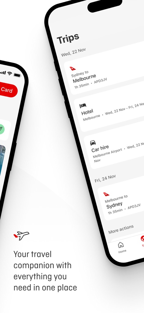 Qantas Airways - This screen provides a comprehensive overview of upcoming trips, displaying both flight itineraries and associated hotel bookings.