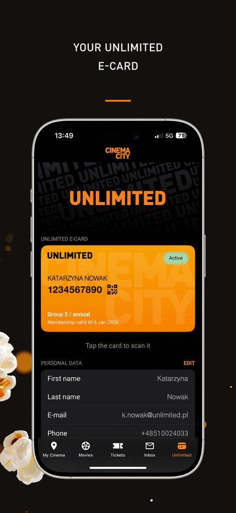 Cinema City: Movies & Tickets - This tool clearly presents the user's Unlimited e-Card with membership details and an interactive instruction to "Tap the card to scan it".