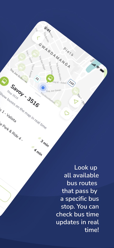 Tallinja - Plan your bus trip - 사용자는 특정 버스 정류장을 선택하여 해당 정류장을 경유하는 노선 정보와 버스의 실시간 위치 확인 기능을 활용할 수 있습니다.
