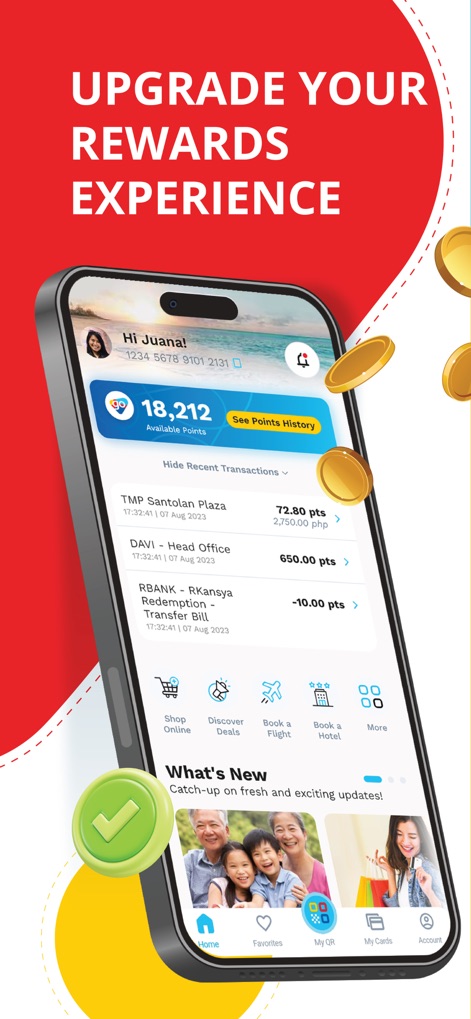 Go Rewards PH - The app offers an intuitive dashboard where users can instantly view their "Available Points" and review their "Recent Transactions" for complete financial clarity.