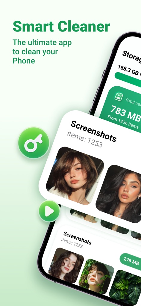 Smart Cleaner - Pro Security - See how the app highlights the total reclaimable storage and categorizes media like screenshots for easy management.