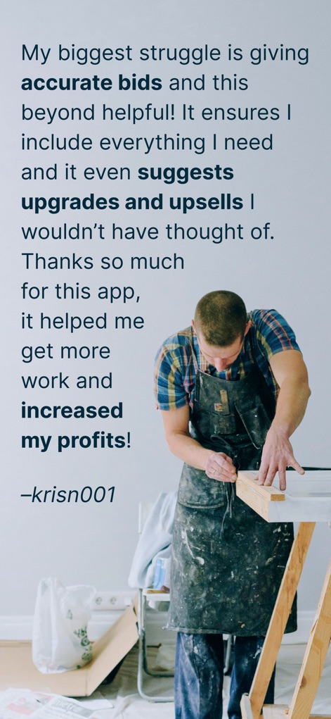 SimplyWise: Cost Estimator - A compelling user testimonial is prominently displayed, alongside an image of a contractor at work, illustrating the app's real-world impact.