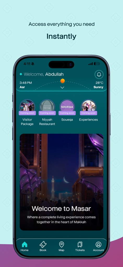 Visit Masar - Users are greeted with a personalized welcome, displaying real-time prayer times, while the intuitive bottom navigation bar provides quick access to core features like "Book" and "Tickets".