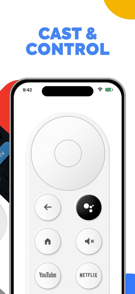 Cast for Chromecast - O aplicativo transforma o smartphone em um controle remoto virtual intuitivo, permitindo aos usuários navegar facilmente. A interface mostra botões de navegação e atalhos diretos para aplicativos como YouTube e Netflix.