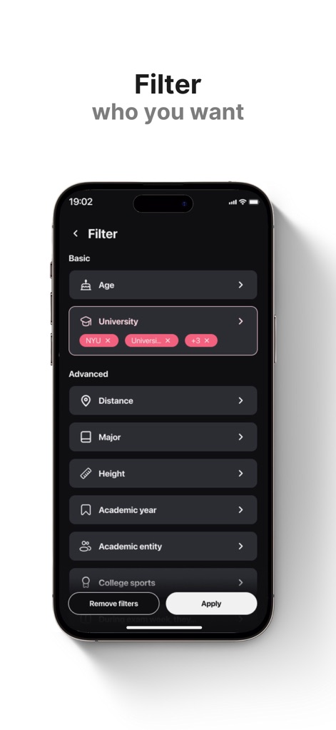 Umatch: Match, Chat & Meet - This tool offers granular search customization through its 'Filter' screen, allowing users to refine results by criteria such as 'University' affiliation and 'Academic year'.