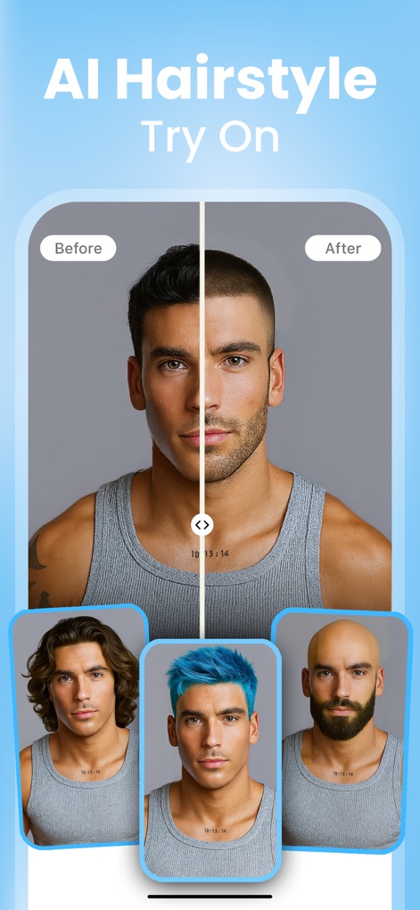 Hair AI: Hairstyle Filter, Cut - Esta herramienta facilita una comparación clara de 'Antes/Después', permitiendo a los usuarios visualizar cambios drásticos de estilo, como el cabello azul vibrante o la calvicie total, junto a su apariencia original.