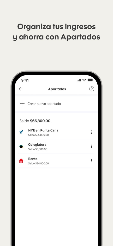 ScotiaMóvil MX - Cet outil permet d'organiser les finances avec des 'Apartados' personnalisés pour l'épargne, et offre la flexibilité de 'Crear nuevo apartado' pour de nouveaux objectifs financiers.