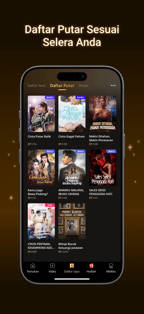 Reelbuzz - Drama Pendek Shorts - Users can easily manage their entertainment via the 'Daftar Putar' tab, which displays a dynamic list of new and trending drama series tailored to their preferences.