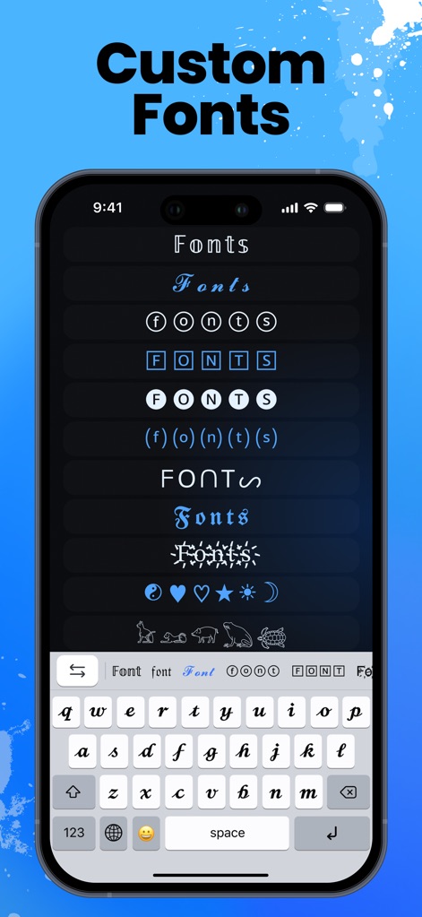 Fonts＋Font Keyboard for iPhone - La aplicación ofrece una amplia gama de estilos tipográficos, desde cursivas elegantes hasta góticas distintivas, permitiendo a los usuarios transformar su texto con una interfaz de teclado estéticamente oscura y moderna.