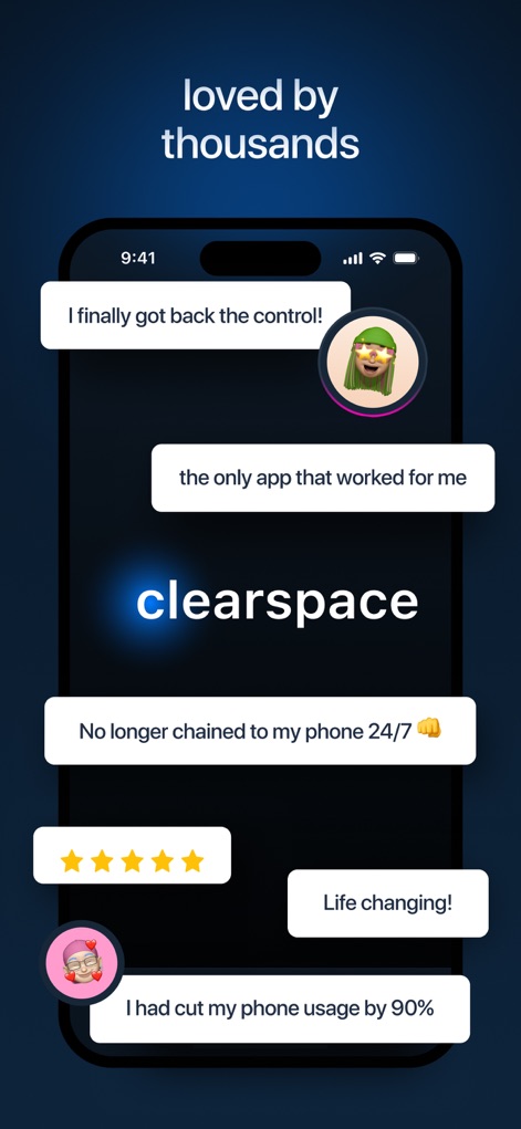 ClearSpace: Reduce Screen Time - A interface apresenta depoimentos de usuários satisfeitos, com frases como 'the only app that worked for me' e classificações de '5 estrelas', destacando o impacto do aplicativo.