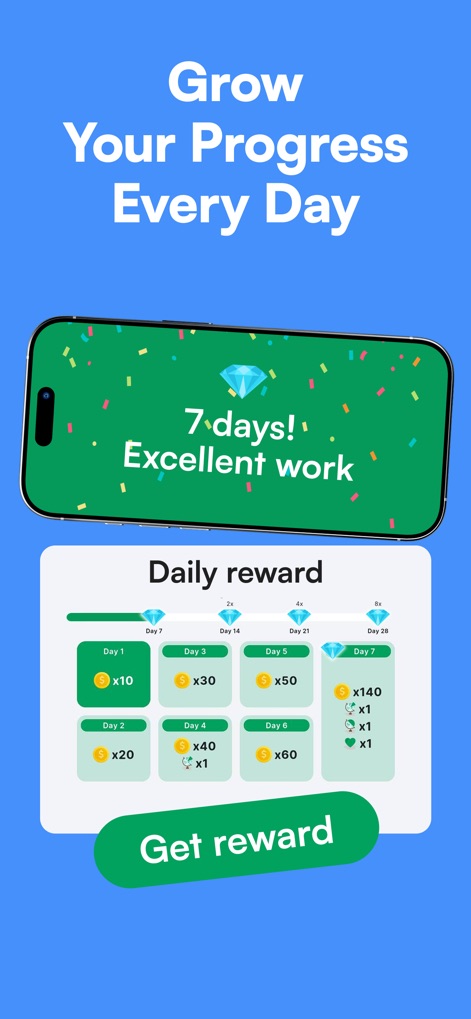 StudyGe - World Geography Quiz - This tool motivates learning through daily rewards and a clear 'progress' tracking system, highlighting achievements like '7 days! Excellent work'.