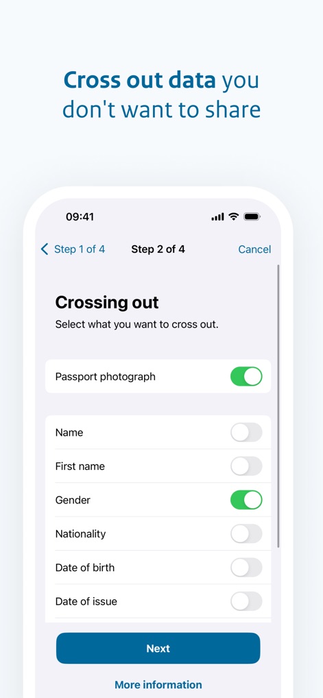 KopieID - The app provides granular control over privacy, allowing users to selectively cross out specific data fields using intuitive toggles before proceeding to the next step.